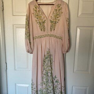 Max Studio LoDress Linen Blend Puff Sleeve Pink/Cream Floral Printed Size M NWOT